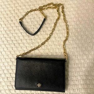 Tory Burch Robinson leather, chain wallet black with gold chain cross body bag